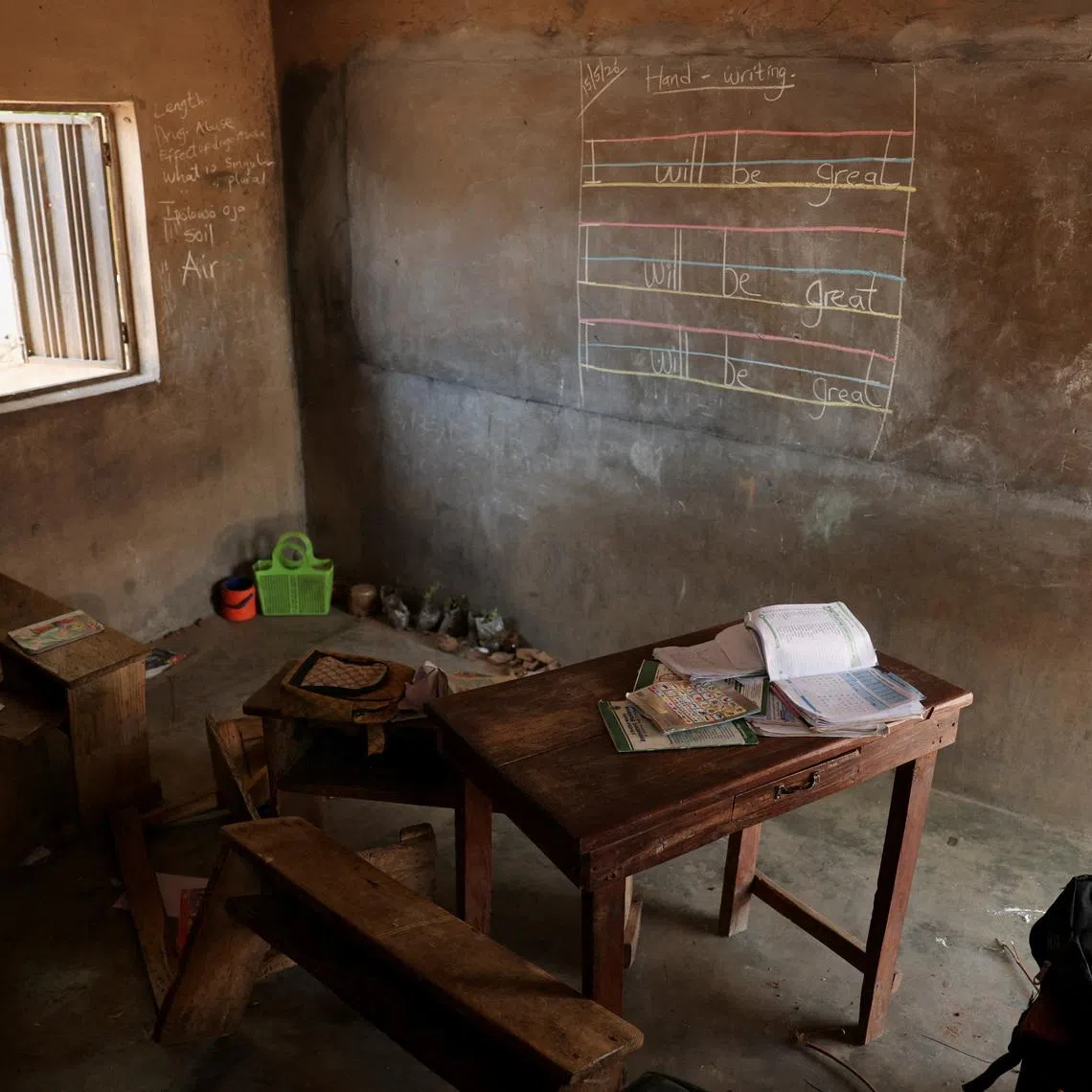 School items belonging to abducted students of Baptist Nursery and Primary School sit inside an empty classroom in Oyo State, Nigeria, June 2, 2026. REUTERS/Sodiq Adelakun