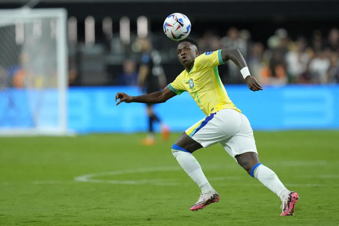 Jun 28, 2024; Las Vegas, NV, USA; Brazil forward Vinicius Junior (7) watches the ball during the second half against Paraguay at Allegiant Stadium. Mandatory Credit: Lucas Peltier-USA TODAY Sports