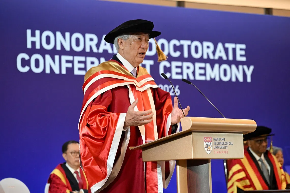 Senior adviser in the Prime Minister’s Office Teo Chee Hean speaking at the Conferment of Honorary Doctorate ceremony at NTU on Aug 26.
