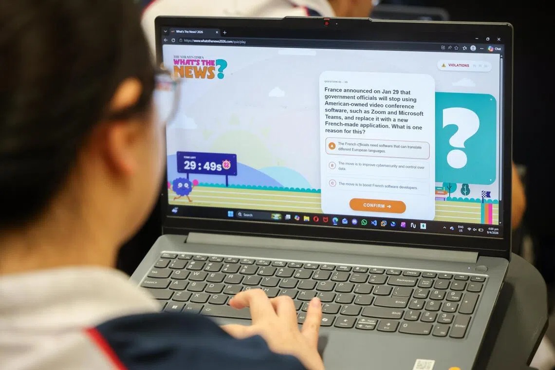 River Valley High School students taking part in the first online preliminary quiz of The Straits Times' current affairs quiz competition What?s The News? on Apr 9, 2026. ST PHOTO: JASON QUAH