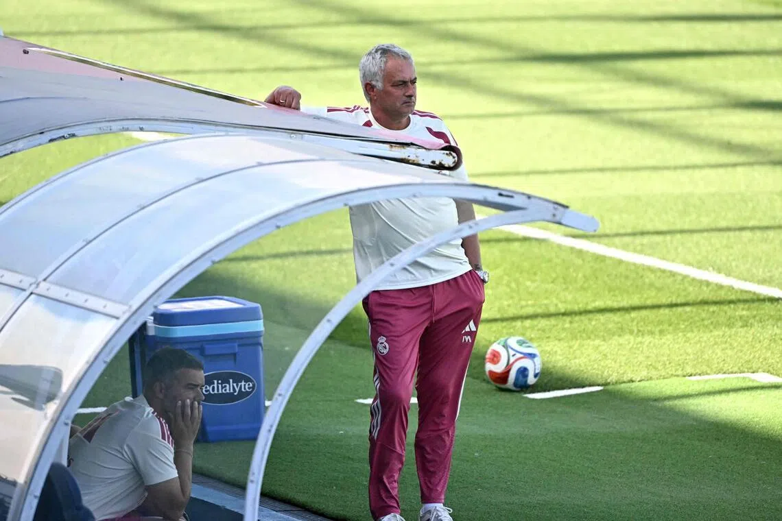 Real Madrid’s Portuguese coach Jose Mourinho leading a training session at the Alfredo di Stefano Stadium in Valdebebas, on the outskirts of Madrid, on July 24.