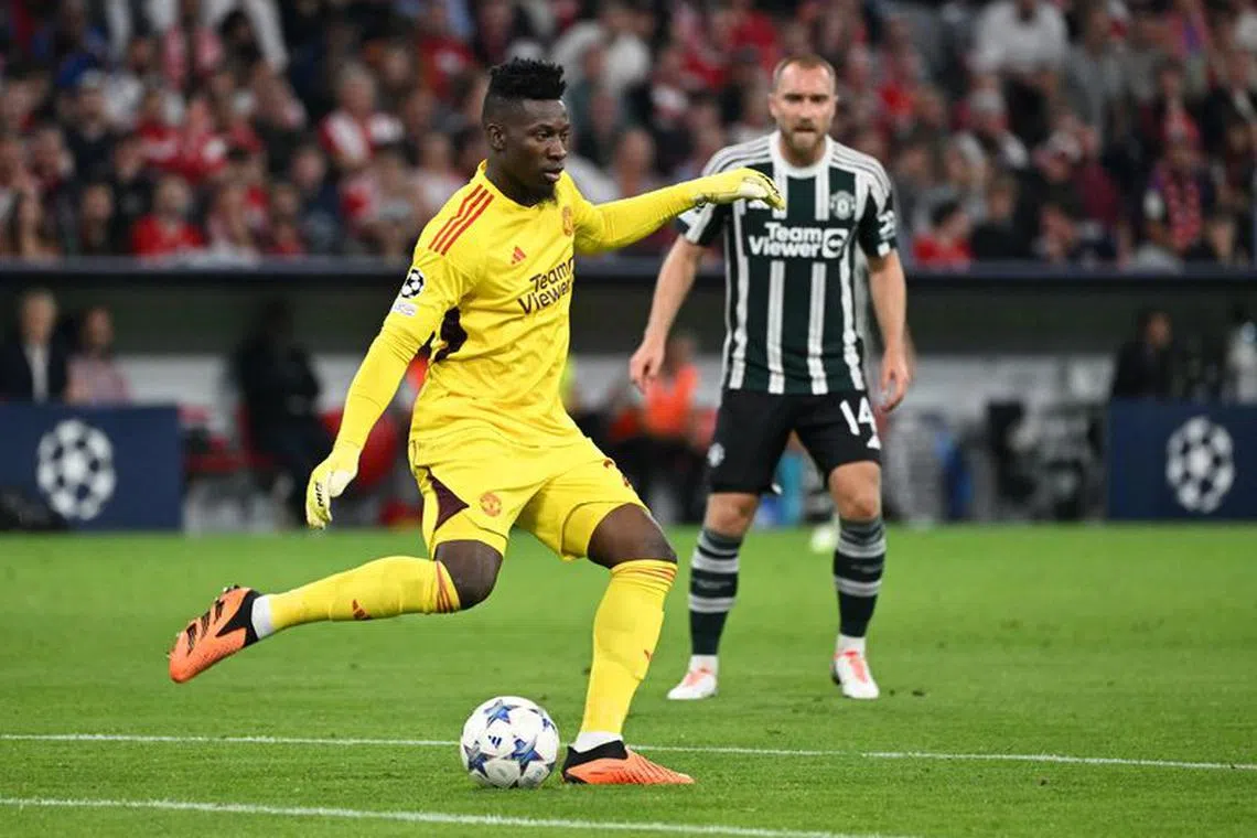 Soccer Football - Champions League - Group A - Bayern Munich v Manchester United - Allianz Arena, Munich, Germany - September 20, 2023 Manchester United's Andre Onana in action REUTERS/Angelika Warmuth