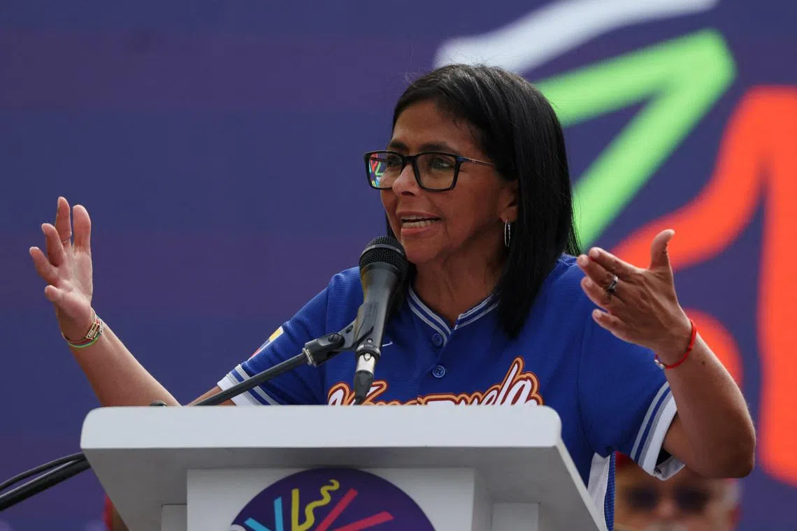 Venezuela’s acting President Delcy Rodriguez addresses supporters during an event announcing an increase in the minimum income, in Caracas, Venezuela April 30, 2026. REUTERS/Leonardo Fernandez Viloria/File Photo