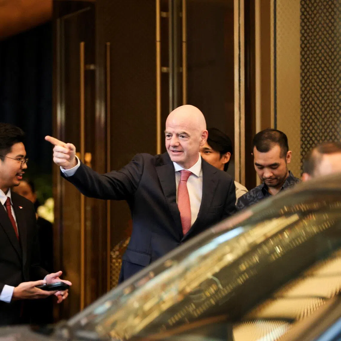President of FIFA Gianni Infantino gesturing as he arrives at Fairmont Hanoi Hotel ahead of the second leg of the 2026 ASEAN Cup final between Vietnam and Thailand in Hanoi on Aug 26, 2026.