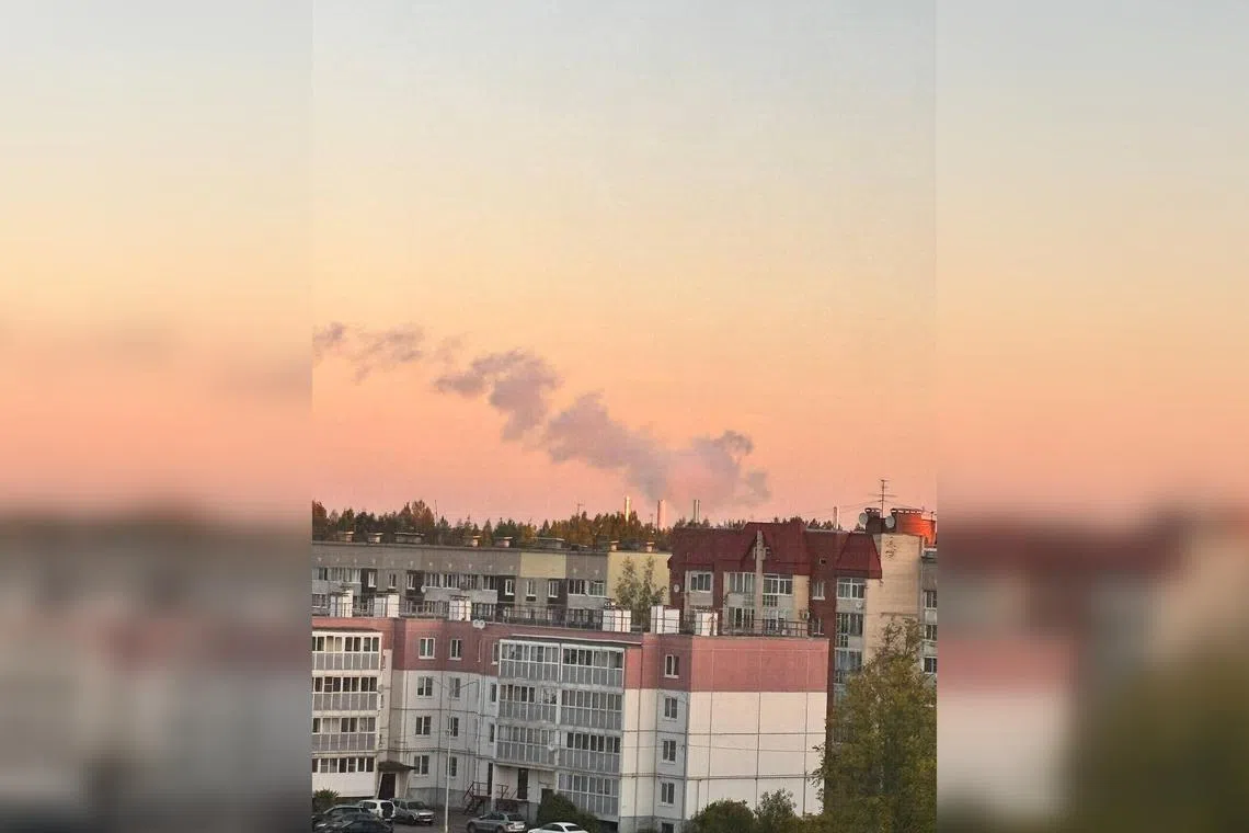 A photo circulating on social media that is said to show Russia's Primorsk refinery ablaze. Primorsk is a key export hub for Russian oil.