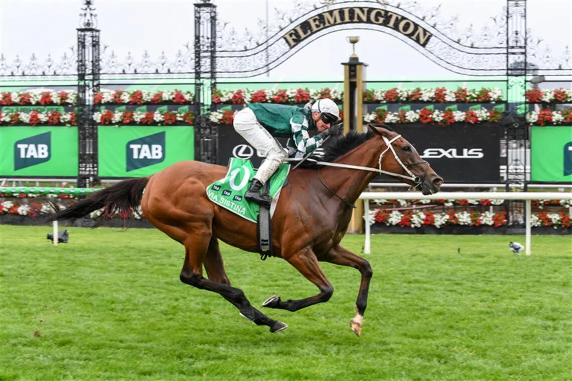 champions10 - Chris Waller's champion mare Via Sistina (James McDonald) stamping her class at Flemington to go back-to-back in the Group 1 Champions Stakes (2,000m) on Nov 8.

PHOTO: RACING PHOTOS
