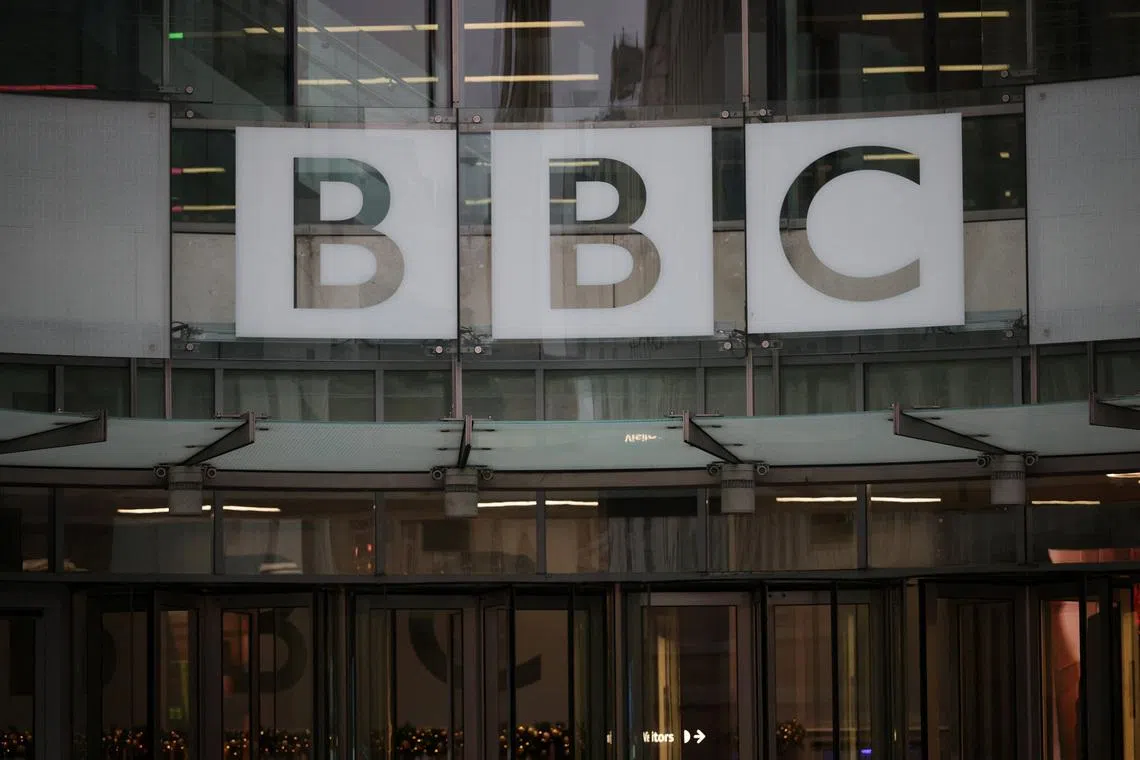 BBC logo outside the BBC Broadcasting House, after U.S. President Donald Trump sued the BBC for up to $10 billion in damages over edited clips of a speech, in London, Britain, December 16, 2025. REUTERS/Isabel Infantes
