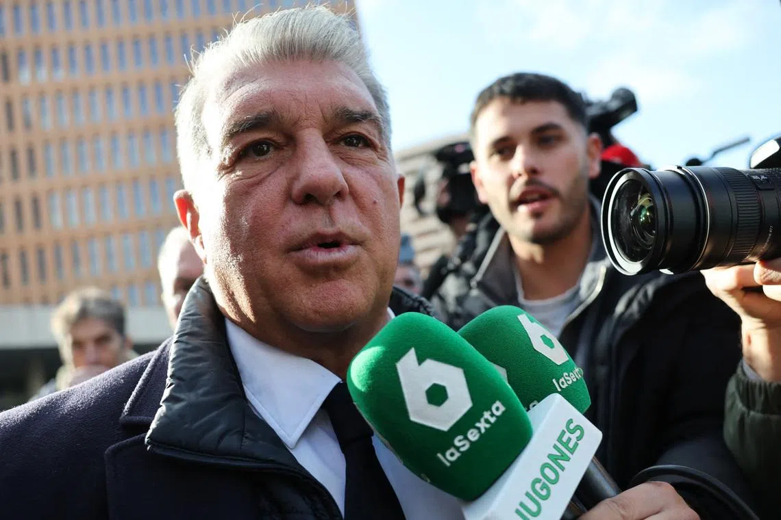 Soccer Football - FC Barcelona president Joan Laporta gives evidence in Negreira case - Barcelona Investigation Court, Barcelona, Spain - December 12, 2025 FC Barcelona president Joan Laporta speaks to the media after leaving court REUTERS/Nacho Doce