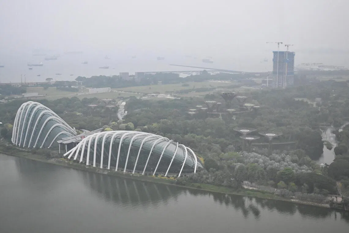 The Singapore skyline shrouded in the haze seen from the Marina Bay Street Circuit at 5pm on Oct 10.