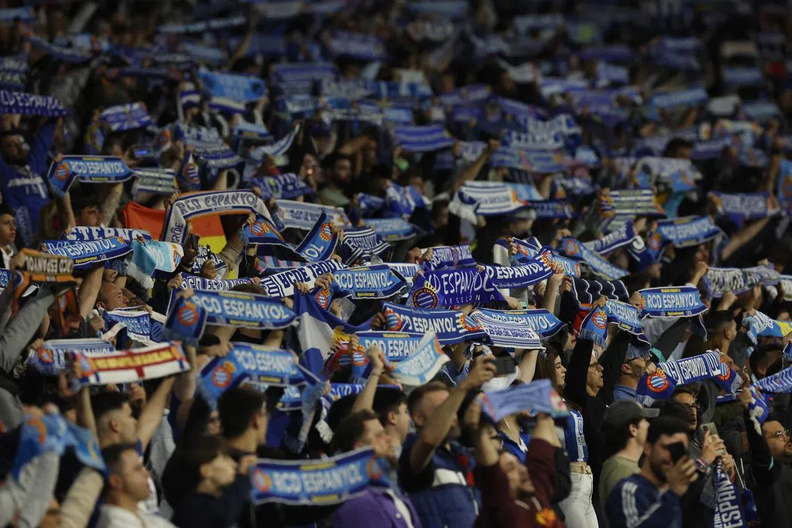 FILE PHOTO: Soccer Football - LaLiga - Espanyol v Atletico Madrid - RCDE Stadium, Cornella de Llobregat, Spain - May 24, 2023 Espanyol fans in the stands before the match REUTERS/Albert Gea