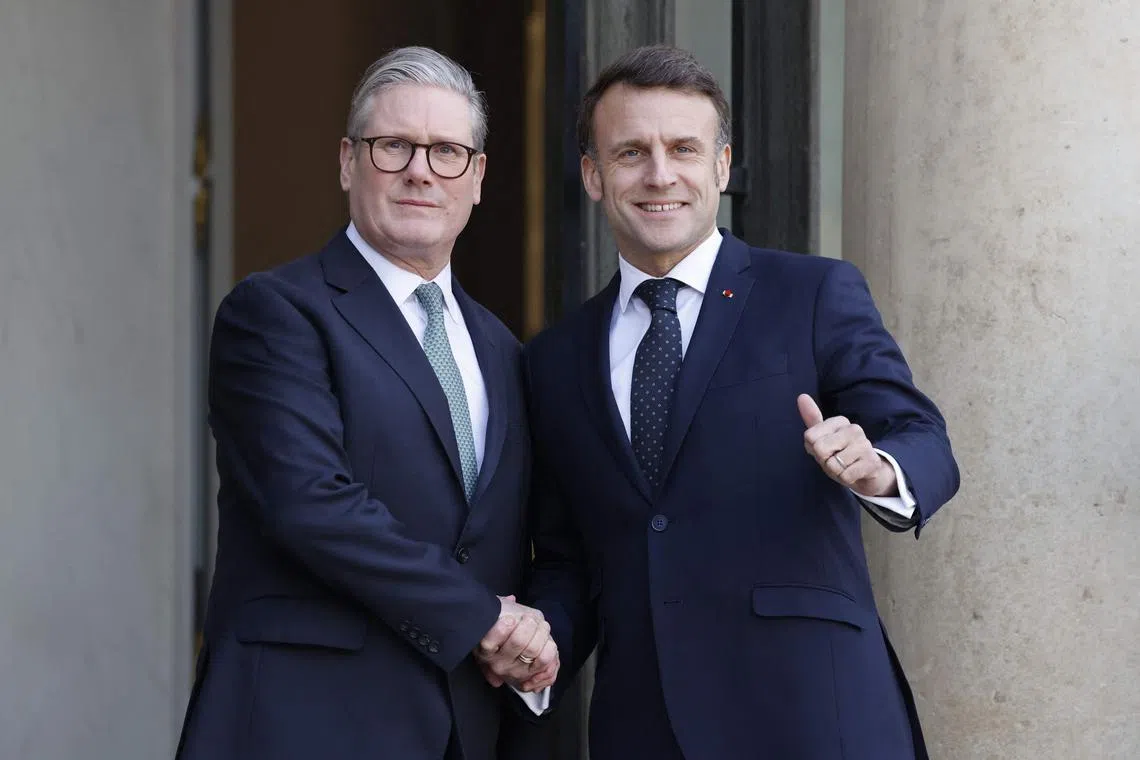 France's President Emmanuel Macron welcoming Britain's Prime Minister Keir Starmer before an informal summit of European leaders to discuss the situation in Ukraine and European security at The Elysee Presidential Palace in Paris on Feb 17, 2025. 