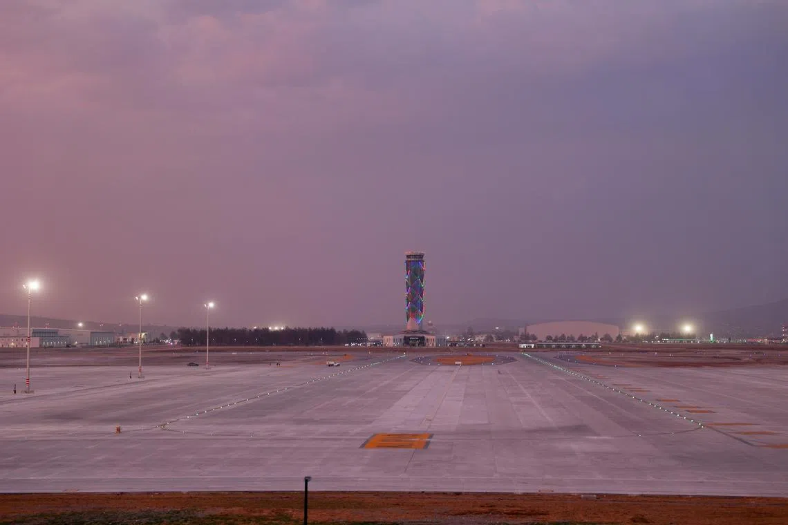 FILE PHOTO: The control tower is pictured from an area of the new Felipe Angeles international airport, in Zumpango, Mexico State, Mexico, April 1, 2022. Picture taken April 1, 2022. REUTERS/Kylie Madry/File Photo