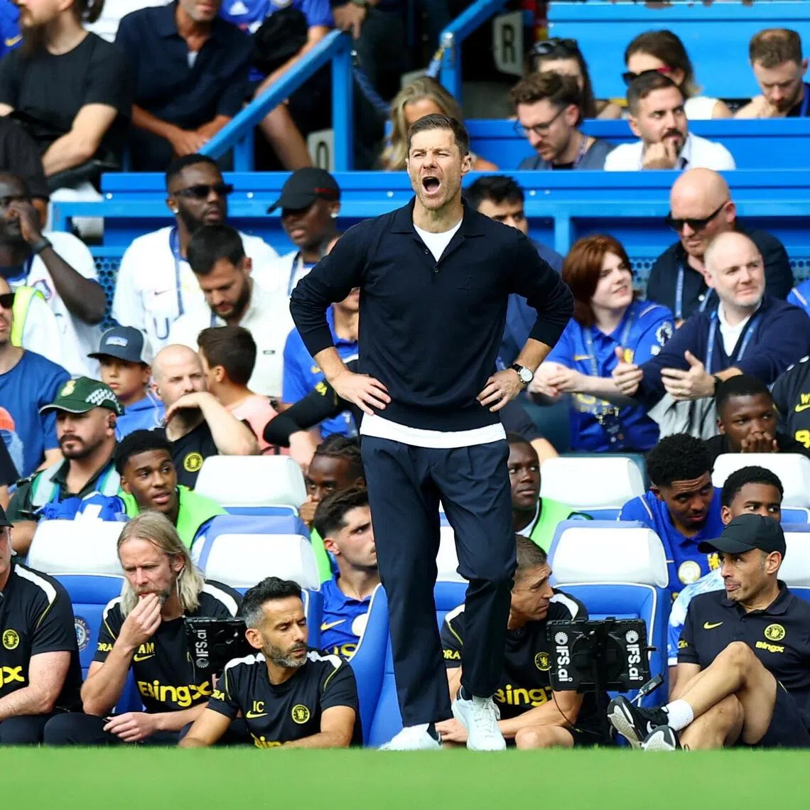 Chelsea’s Spanish manager Xabi Alonso shouting instructions in the Premier League game against Hull City at Stamford Bridge in London on Sept 12, which ended 2-2.