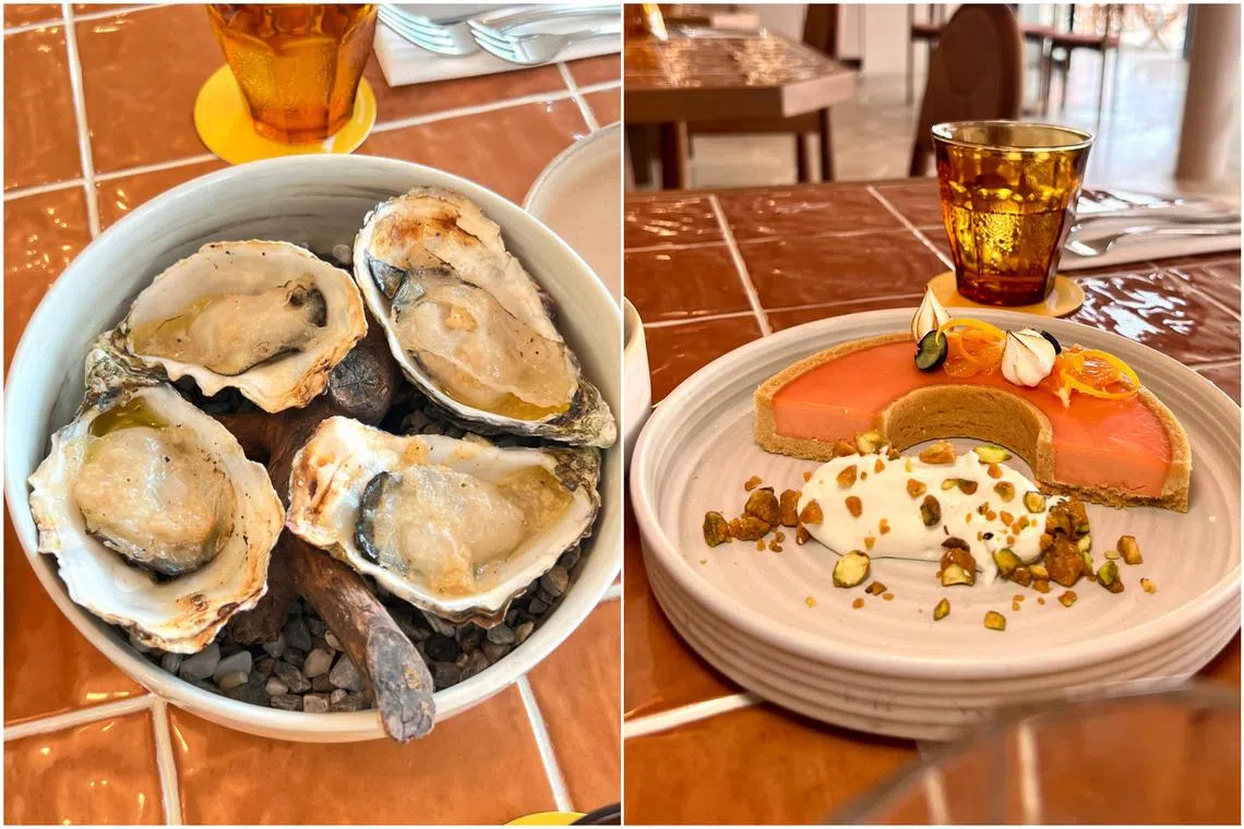 Grilled oysters and blood orange tart by Tanjong Beach Club.