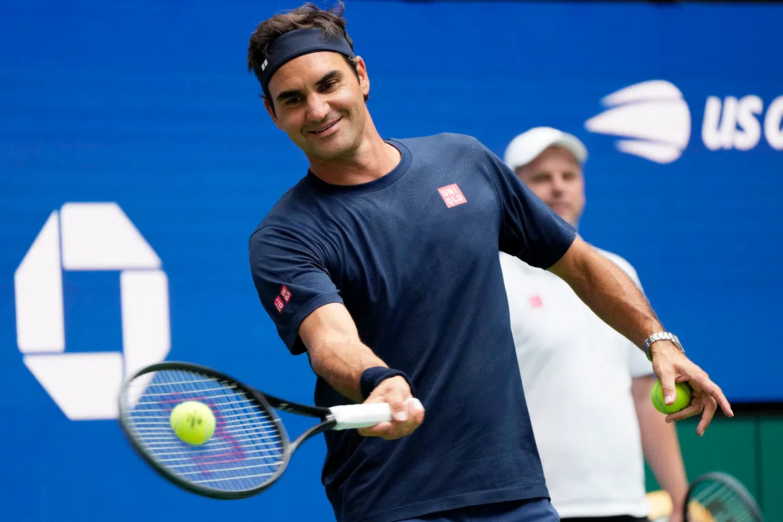 Roger Federer getting back in the swing of things at Flushing Meadows, New York, on Aug 24, ahead of his Aug 25 exhibition match. “I haven’t played a single set in – I don’t know – maybe five years,” he told reporters.
