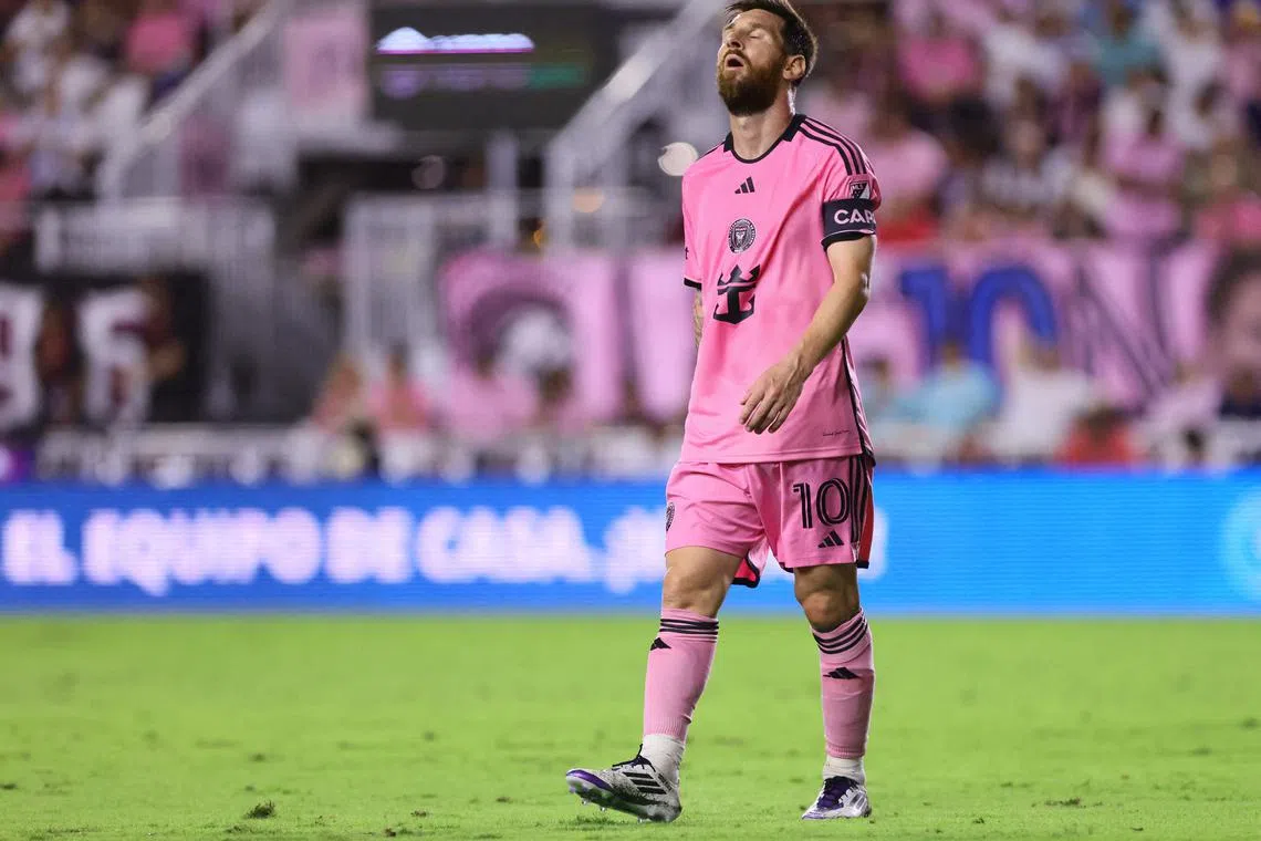 Nov 9, 2024; Fort Lauderdale, Florida, USA; Inter Miami FC forward Lionel Messi (10) reacts in the second half against the Atlanta United FC in a 2024 MLS Cup Playoffs Round One match at Chase Stadium. Mandatory Credit: Sam Navarro-Imagn Images