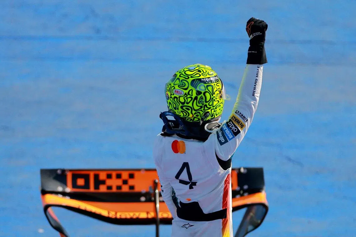 McLaren’s Lando Norris celebrating after winning the Mexico City Grand Prix on Oct 26, 2025.