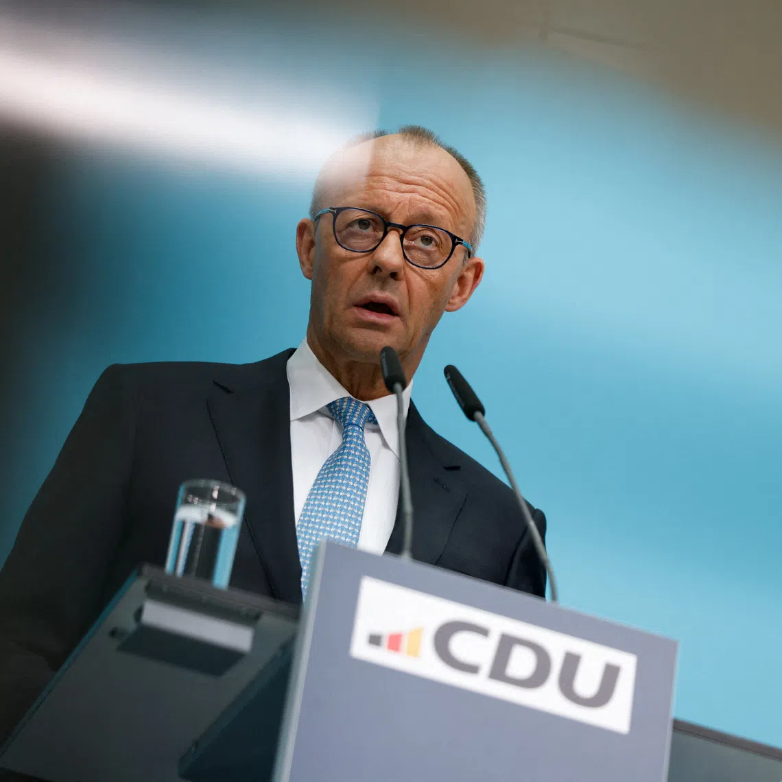 German Chancellor and Christian Democratic Union (CDU) party leader Friedrich Merz speaks to the media following the CDU's Federal Executive Committee meeting in Berlin, Germany, October 12, 2026. REUTERS/Axel Schmidt