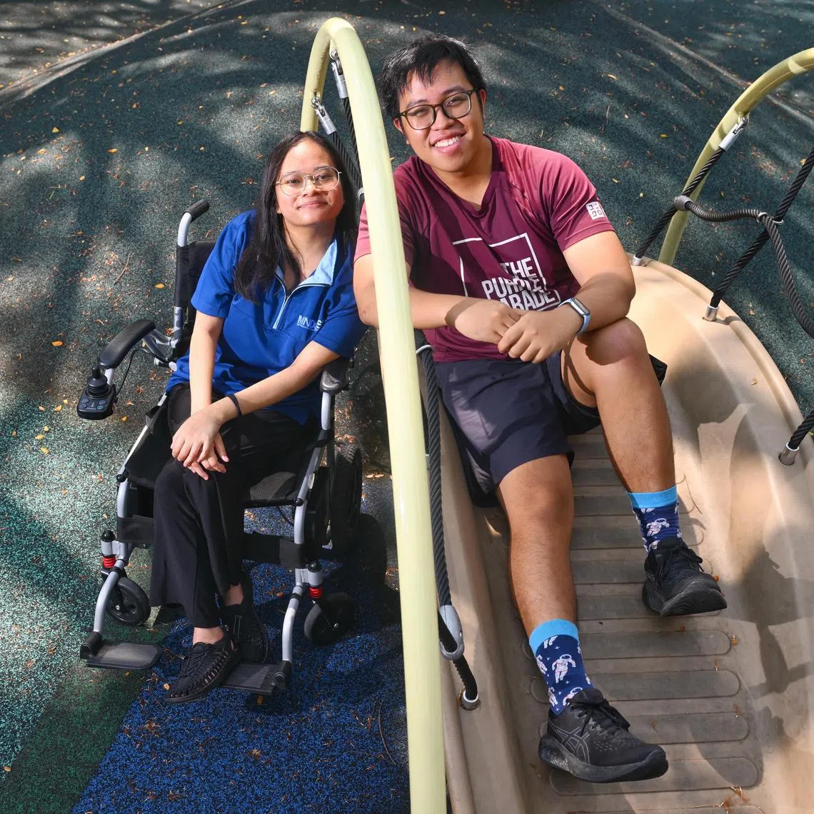 Ms Siti Nur Sabrina Anis (left) leans on her best friend Mr Luke Ligo, for both physical and emotional support.