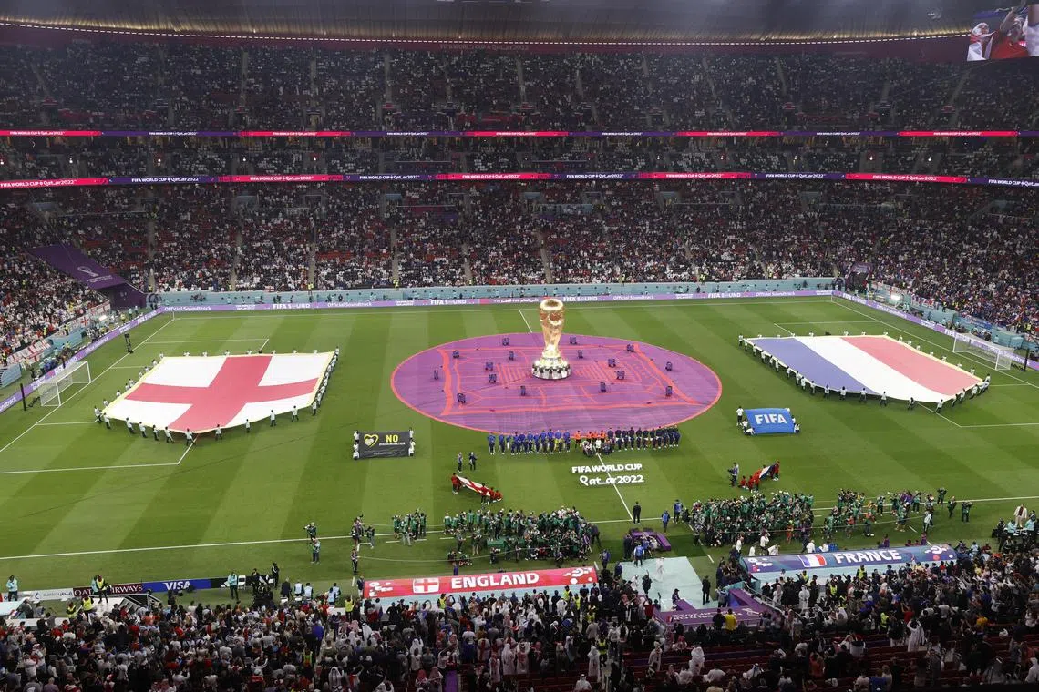 The opening ceremony before the World Cup quarter-final between England and France at Al-Bayt Stadium.