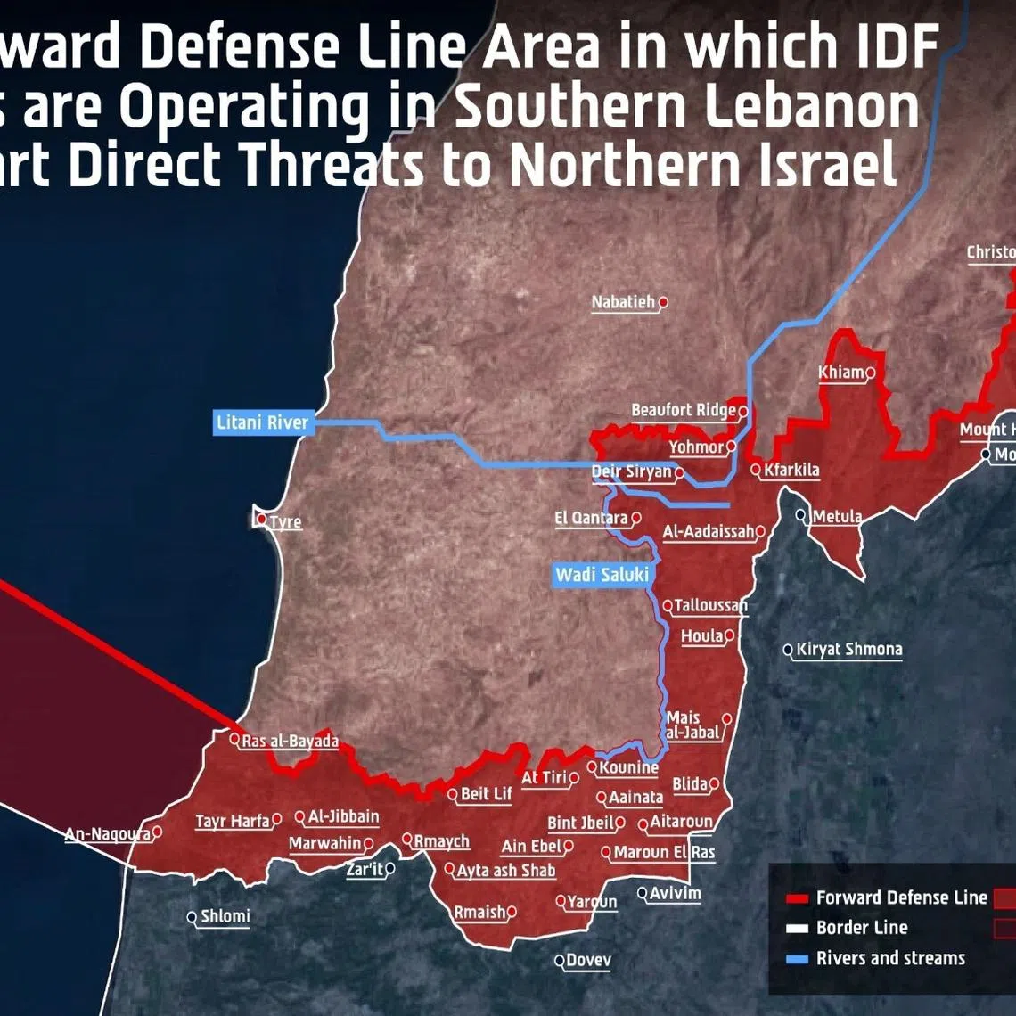 A handout graphic of a map showing Israel military's Forward Defense Line and the area in which they are operating in southern Lebanon, published on April 19, 2026. 