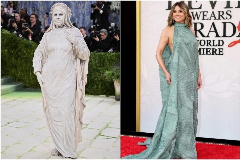 Heidi Klum at the Met Gala (left) in New York on May 4. Heidi Klum at The Devil Wears Prada 2's premiere (right) on April 20.