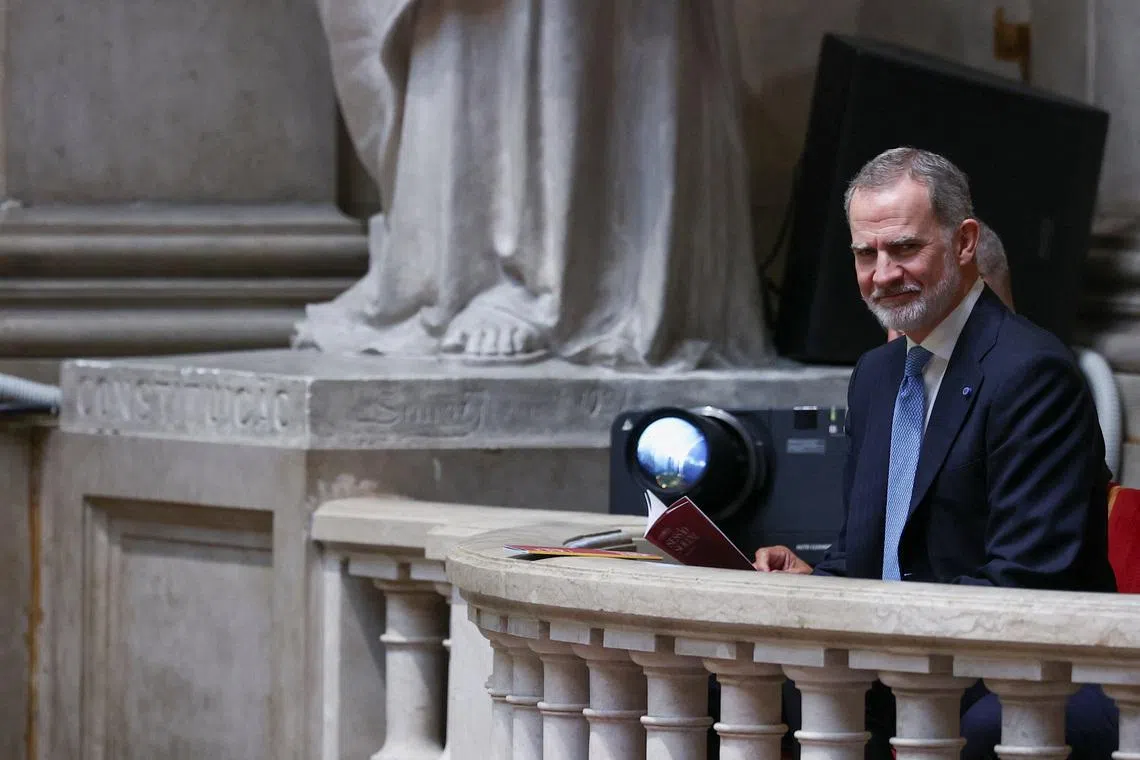 FILE PHOTO: Spain's King Felipe VI attends the swearing-in ceremony of newly elected Portuguese president Antonio Jose Seguro at the parliament, in Lisbon, Portugal, March 9, 2026. REUTERS/Pedro Nunes/ File Photo