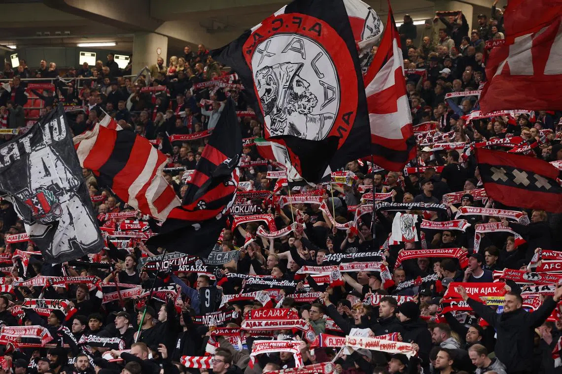 FILE PHOTO: Soccer Football - Europa League - Ajax Amsterdam v Maccabi Tel Aviv - Johan Cruijff Arena, Amsterdam, Netherlands - November 7, 2024 Ajax Amsterdam fans REUTERS/Yves Herman/File Photo