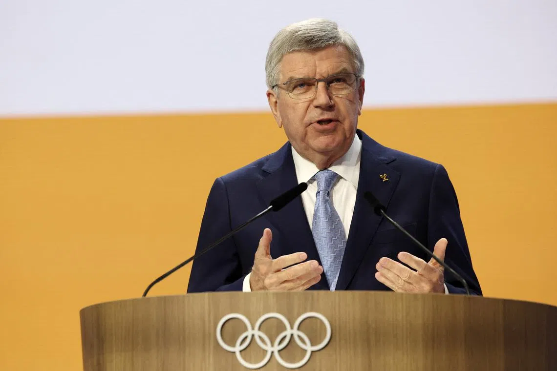 Olympics - 144th IOC Session - Costa Navarino, Pylos, Greece - March 19, 2025 International Olympic Committee (IOC) president Thomas Bach speaks during the session REUTERS/Louisa Gouliamaki