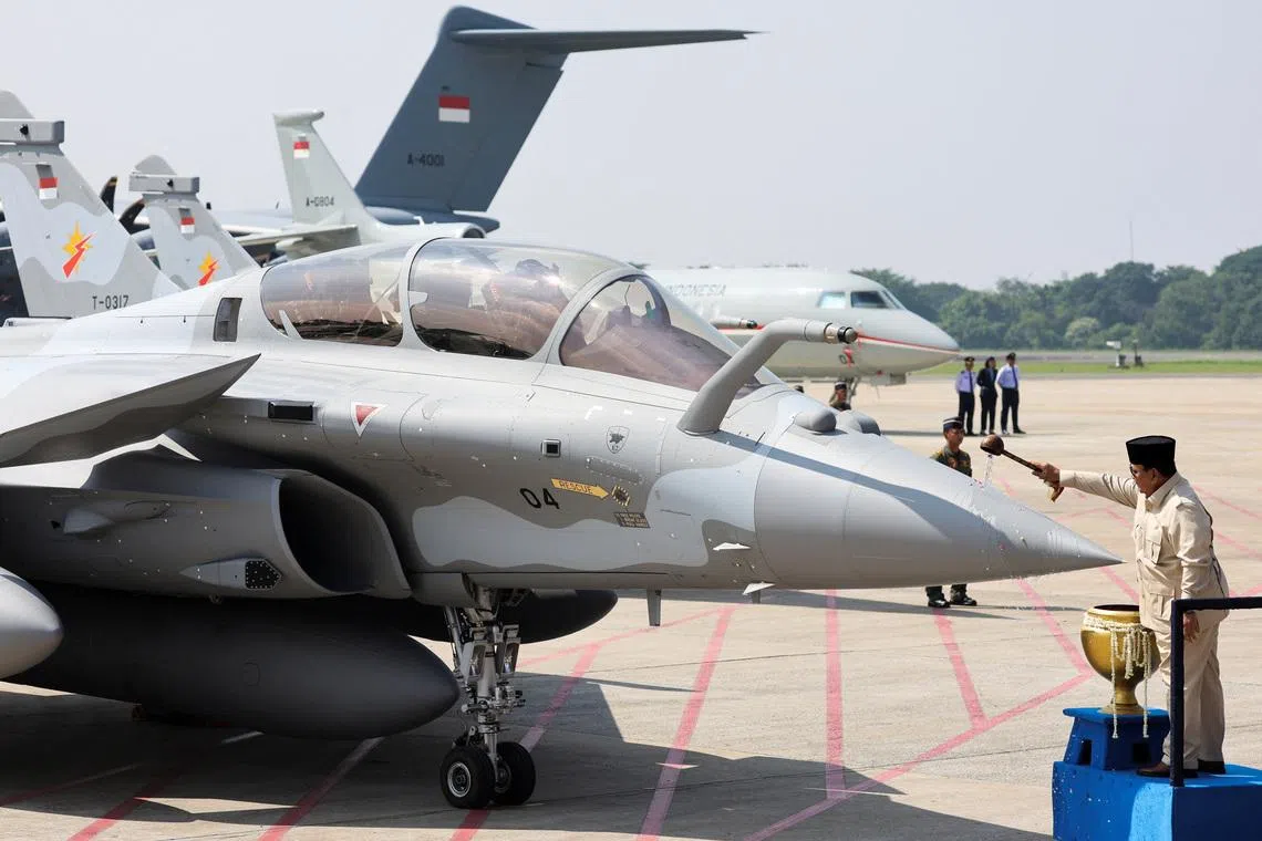 Indonesia's President Prabowo Subianto inaugurating a Rafale fighter jet during a handover ceremony of Rafale fighter jets, Airbus A400M military aircraft, Falcon 8X military aircraft, Ground-Controlled Interception radar, Smart Weapon Hammers, and Meteor Missiles at Halim Perdanakusuma air base, in Jakarta, Indonesia on May 18, 2026. 
