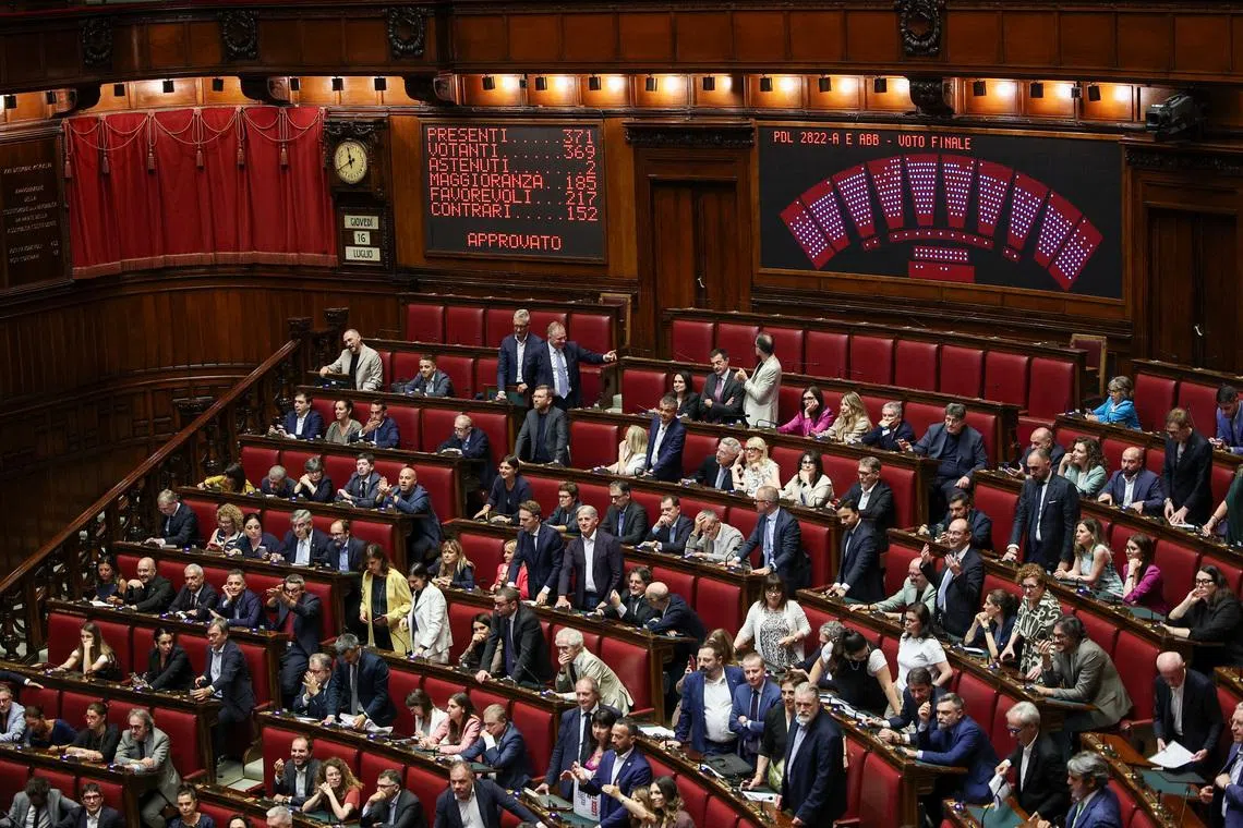 A voting board displays the result after Italy’s Chamber of Deputies approved the government’s electoral reform bill in a secret ballot by 217 votes to 152, with two abstentions, in Rome, Italy, July 16, 2026. REUTERS/Francesco Fotia