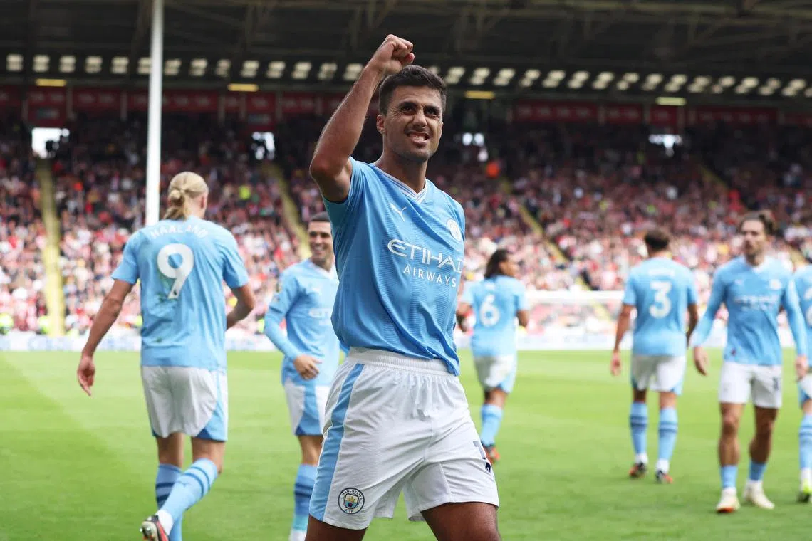 Manchester City's Rodri celebrates after scoring the team's second goal in the 2-1 Premier League win at Sheffield United.