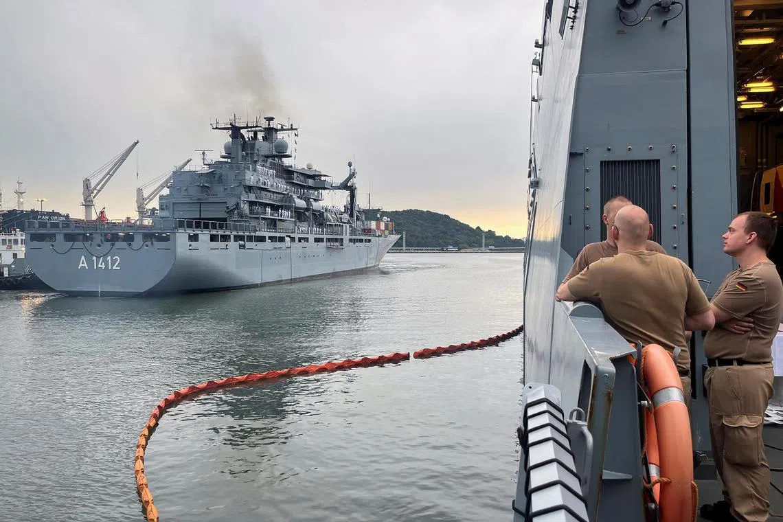 Sailors watching as the German navy replenishment ship Frankfurt am Main enters port in Incheon, South Korea, as part of a two-ship cruise through the Indo-Pacific, on Sept 6.