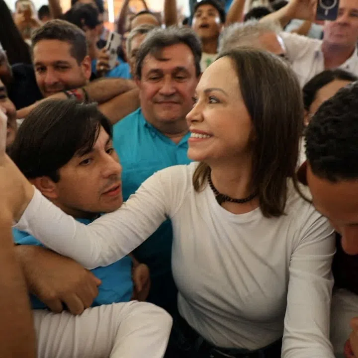 Venezuelan opposition leader Maria Corina Machado arrives at a church after returning to the country following nearly a year abroad, in Lara, Venezuela, on Oct 25.