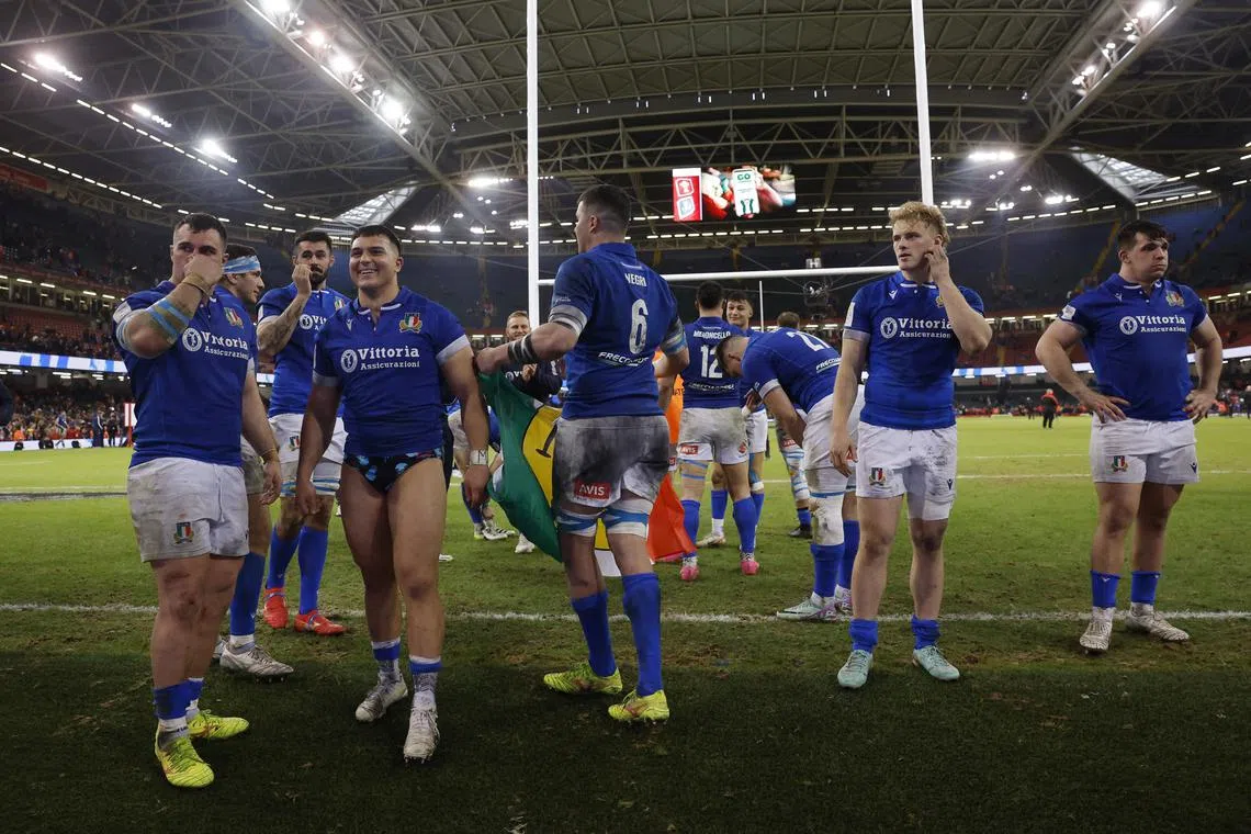Rugby Union - Six Nations Championship - Wales v Italy - Principality Stadium, Cardiff, Wales, Britain - March 16, 2024 Italy players celebrate after the match Action Images via Reuters/Andrew Couldridge