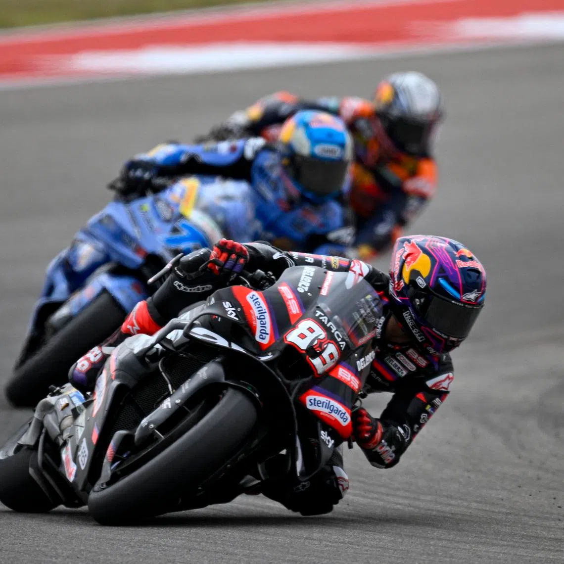 Mar 28, 2026; Austin, TX, USA; Aprilia Racing Team Jorge Martin (89) rides during practice and qualifying for the 2026 Red Bull Grand Prix of the United States at Circuit of The Americas Austin. Mandatory Credit: Jerome Miron-Imagn Images