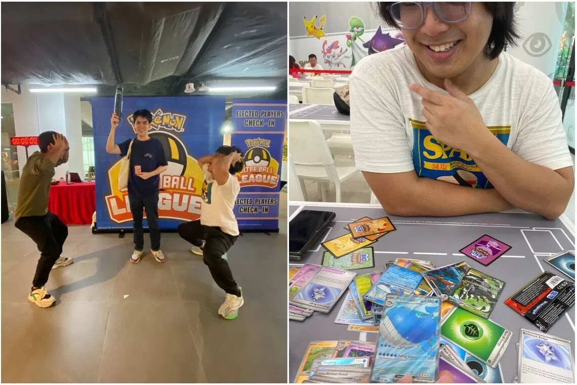 Jonathan Ng (centre, right picture) celebrating with friends after placing second in the 2025 Ultra Ball League, alongside a photo of him opening Pokemon card packs with Ian Tay (left).