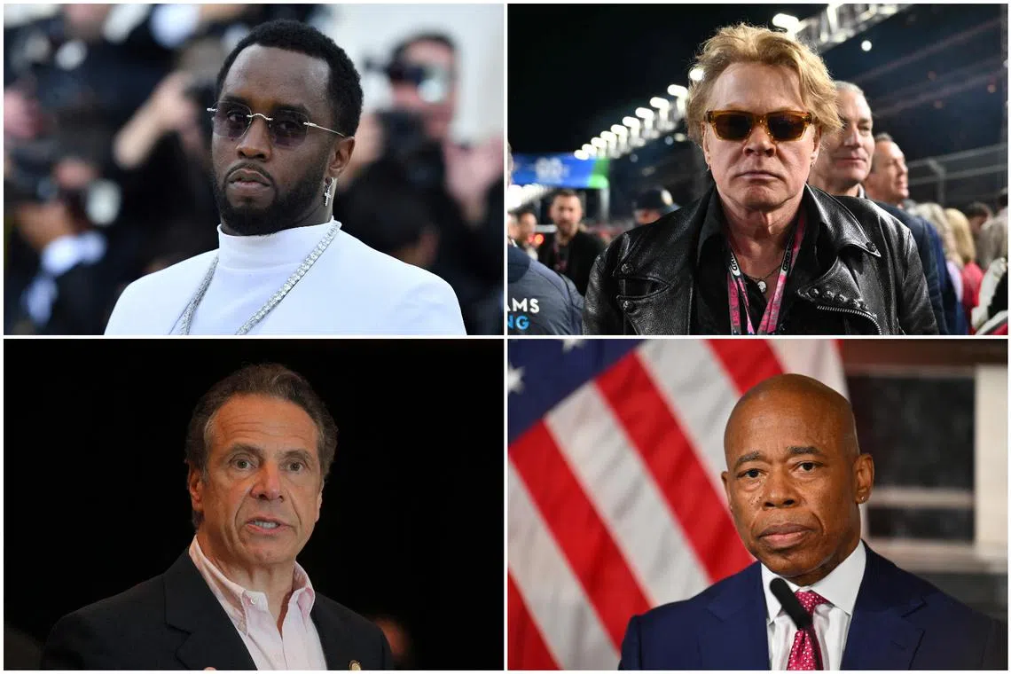 The list of defendants includes (clockwise from left) music mogul Sean “Diddy” Combs, rock legend Axl Rose, New York mayor Eric Adams and former New York governor Andrew Cuomo.