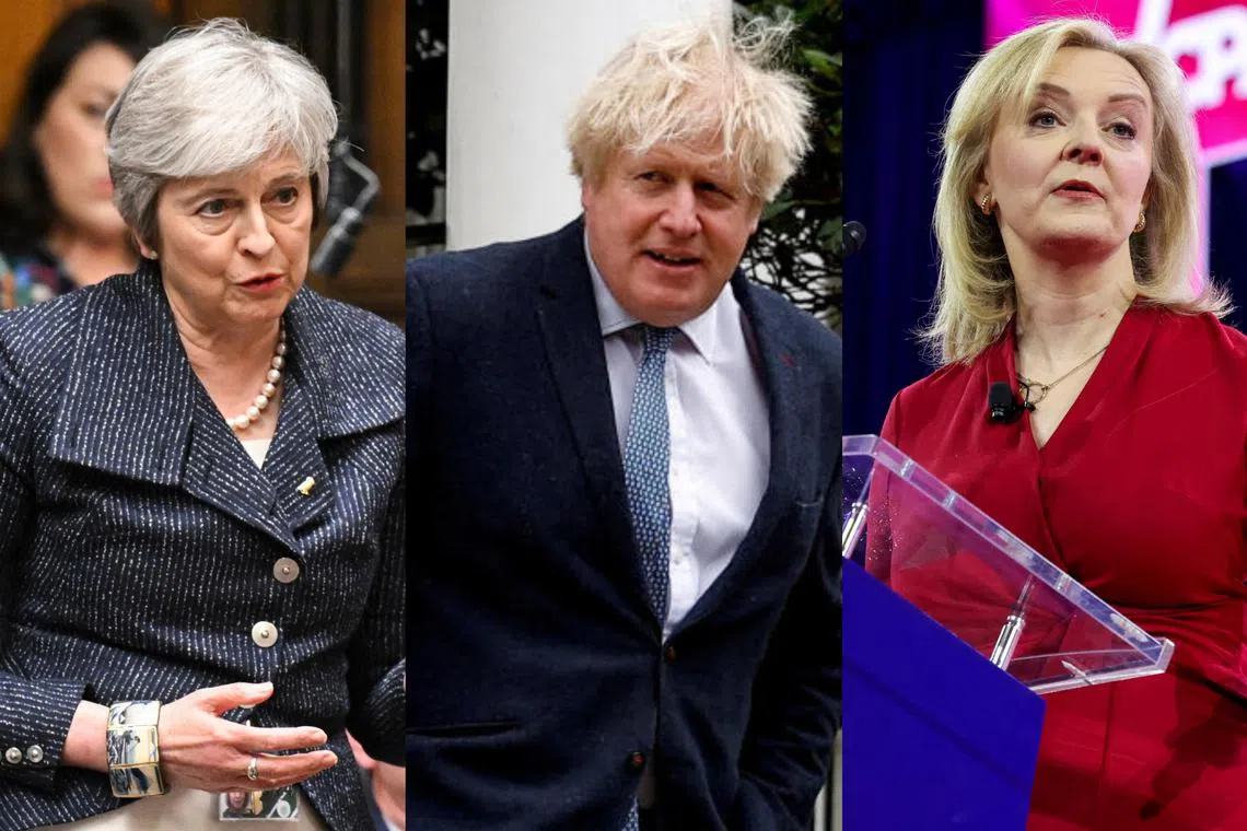 Former British prime ministers (from left) Theresa May, Boris Johnson and Liz Truss.
