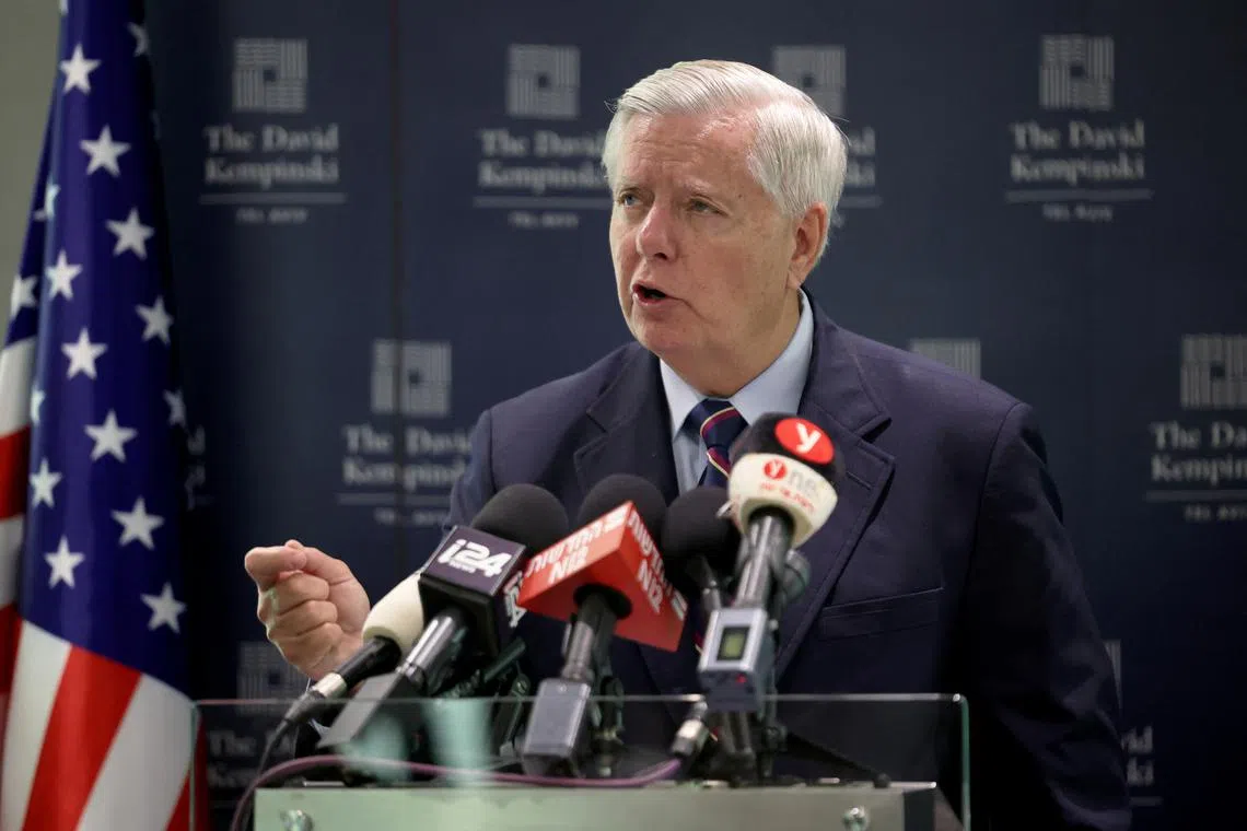 FILE PHOTO: U.S. Senator Lindsey Graham (R-SC) gives a statement to the press, amid the ongoing conflict in Gaza between Israel and the Palestinian Islamist group Hamas, in Tel Aviv, Israel, May 29, 2024. REUTERS/Marko Djurica/File Photo
