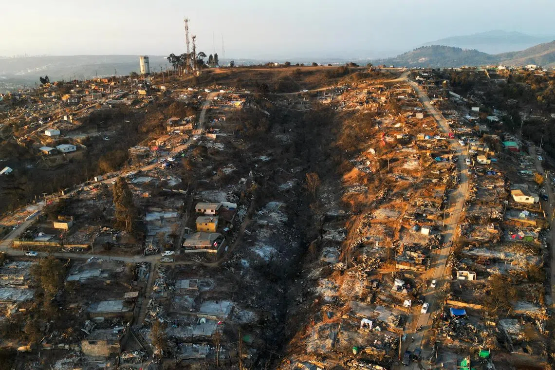 An aerial view shows the remains of houses burnt following the spread of wildfires in Vina del Mar, Chile February 5, 2024. REUTERS/Rodrigo Garrido