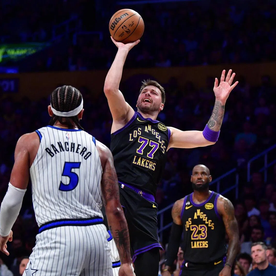 Los Angeles Lakers guard Luka Doncic shooting over Paolo Banchero during the Orlando Magic's 110-109 NBA win at Crypto.com Arena on Feb 24, 2026.