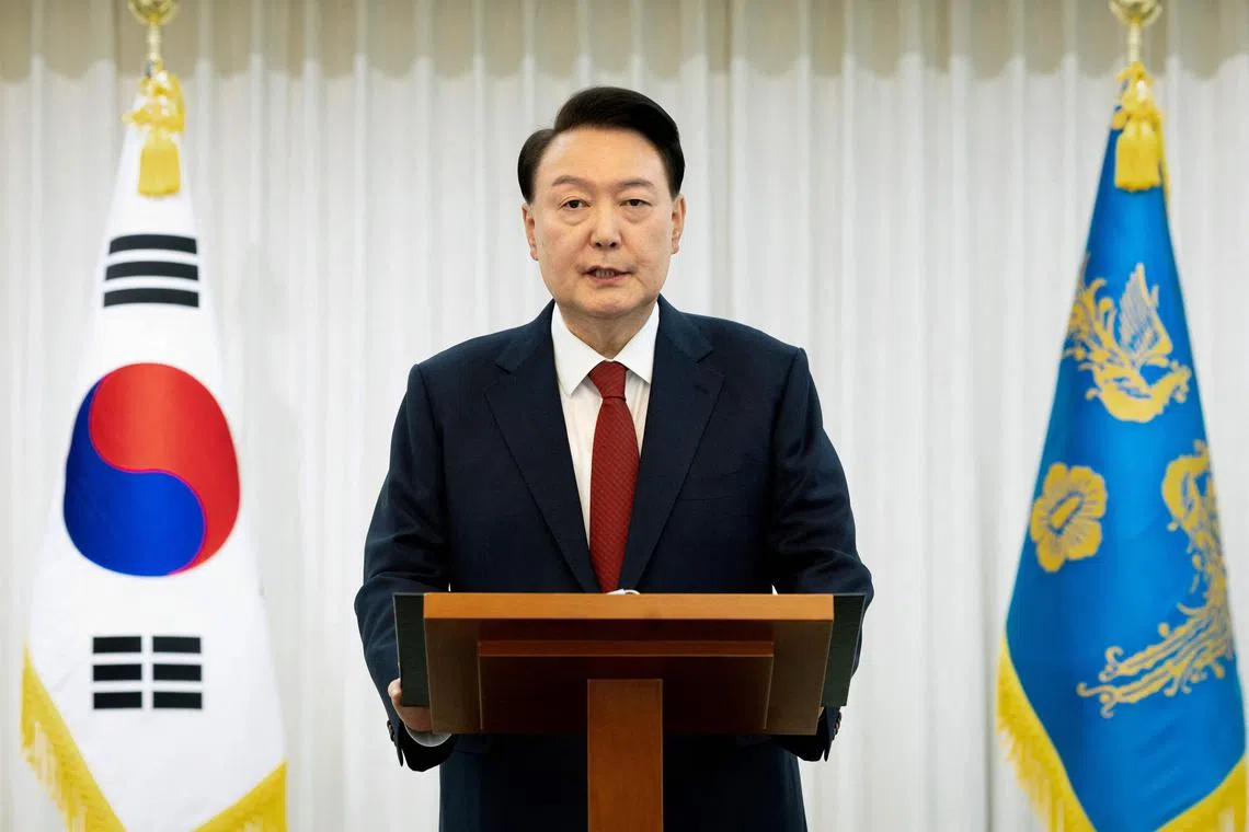 South Korean President Yoon Suk Yeol gives a public address from his official residence in Seoul.