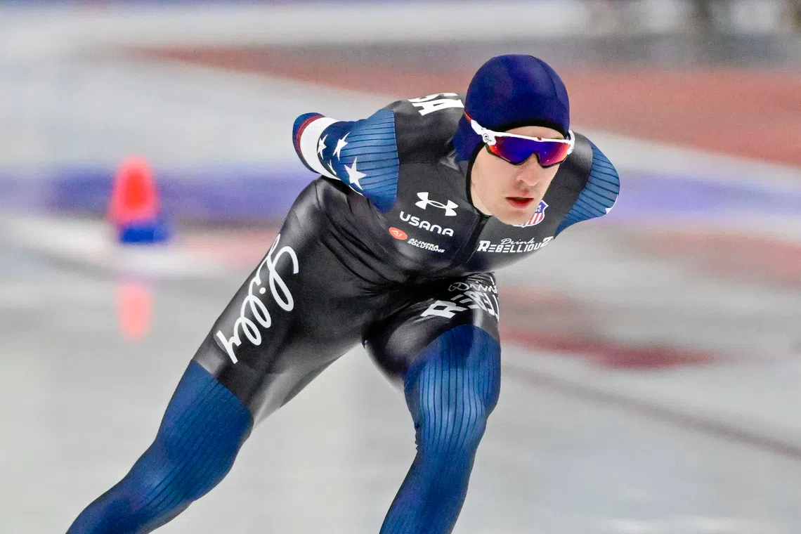 Nov 14, 2025; Kearns, Utah, UNITED STATES; Casey Dawson of USA competes in the men's 5000m during the ISU Speedskating World Cup at Utah Olympic Oval. Mandatory Credit: Peter Creveling-Imagn Images