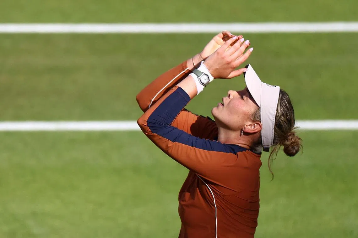 Croatia's Donna Vekic celebrates winning her semi-final match against Maria Sakkari of Greece.