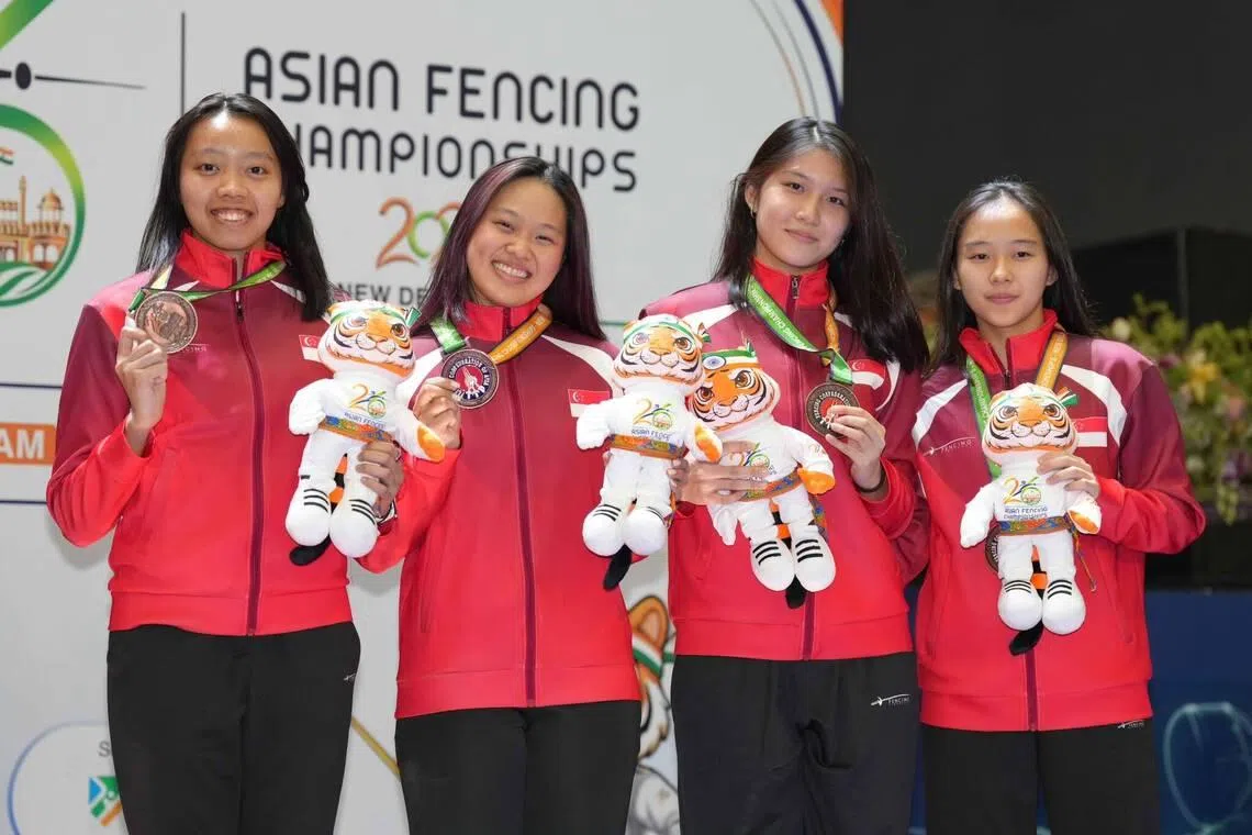 (From left) Fencers Kiria Tikanah Abdul Rahman, Elle Koh, Esther Tan and Denise Seah clinched Singapore's first-ever women's epee team medal at the Asian Fencing Championships on June 24.