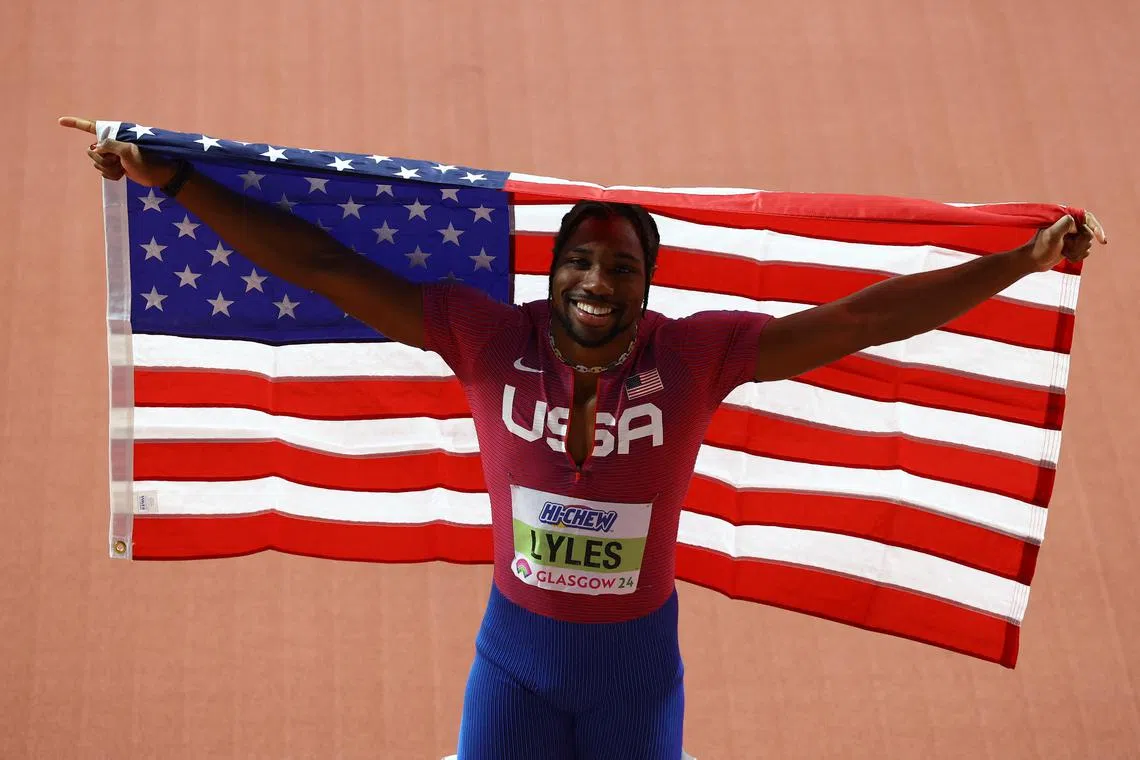 FILE PHOTO: Athletics - World Athletics Indoor Championships - Commonwealth Arena, Glasgow, Scotland, Britain - March 1, 2024 Noah Lyles of the U.S. celebrates after finishing the men's 60m final in second place REUTERS/Hannah Mckay/File Photo