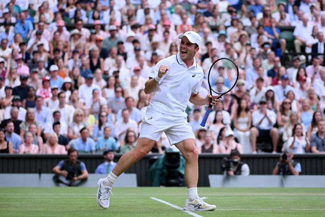 Tennis - Wimbledon - All England Lawn Tennis and Croquet Club, London, Britain - July 6, 2026 Britain's Arthur Fery celebrates during the fifth set tiebreak in his fourth round match against Bulgaria's Grigor Dimitrov REUTERS/Jaimi Joy