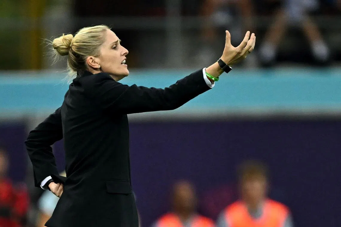 Norway coach Gemma Grainger giving instructions to her players during their 4-3 Women's Euro 2025 Group A  win over Finland at the Stade de Tourbillon in Sion on July 6 2025.