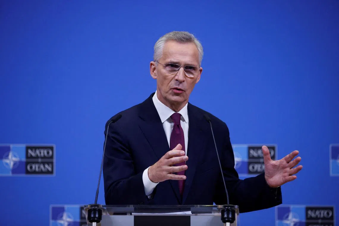 NATO Secretary General Jens Stoltenberg speaks during a press conference, at the NATO Headquarters in Brussels, Belgium, April 4, 2024. REUTERS/Johanna Geron/Pool/ File photo